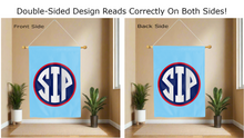 Load image into Gallery viewer, sip logo reading correctly on both sides of blue double sided house flag