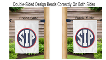 Load image into Gallery viewer, sip logo reading correctly on both sides of white double sided garden flag