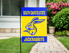Load image into Gallery viewer, south dakota state university garden flag hung outside for yard decor