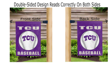 Load image into Gallery viewer, tcu baseball logo reading correctly on both sides of purple garden flag