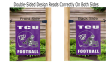 Load image into Gallery viewer, tcu football logo reading correctly on both sides of purple garden flag