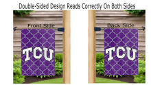 Load image into Gallery viewer, TCU logo reading correctly on both sides of purple garden flag with grey pattern background