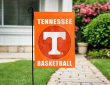 Load image into Gallery viewer, Orange Tennessee basketball garden flag hung outside for yard decor