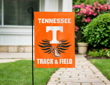 Load image into Gallery viewer, Tennessee Track and Field Garden flag hung outside for yard decor