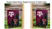 Load image into Gallery viewer, Texas A&M Texas Tech house divided logos reading correctly on both sides of garden flag