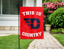 Load image into Gallery viewer, this is dayton country garden flag hung outside a home for yard decor