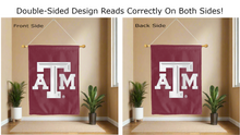 Load image into Gallery viewer, three d texas a&m logo reading correctly on both sides of maroon double sided house flag