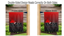 Load image into Gallery viewer, ucm logo reading correctly on both sides of gradient double sided garden flag