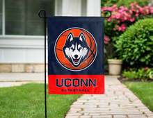 Load image into Gallery viewer, UCONN basketball garden flag hung outside a driveway for yard decor