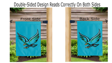 Load image into Gallery viewer, uhcl hawk logo reading correctly on both sides of double sided garden flag