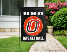 Load image into Gallery viewer, UNO Basketball Garden Flag hanging on a garden flag stand for yard decor