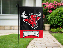 Load image into Gallery viewer, UNO Mavericks garden flag hanging on a garden flag stand for yard decor