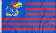 Load image into Gallery viewer, USA-Flag style University of Kansas flag with seven blue and six red stripes for man cave decor