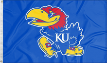 Load image into Gallery viewer, blue university of Kansas flag with metal grommets for tailgate decor