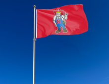 Load image into Gallery viewer, Red University of Nebraska Flag with Herbie Husker Logo attached to flagpole waving in the wind