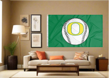 Load image into Gallery viewer, Green University of Oregon Baseball 3x5 Flag inside living room behind a sofa