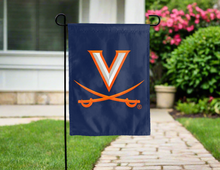 Load image into Gallery viewer, blue university of virginia double sided garden flag hung for yard decor