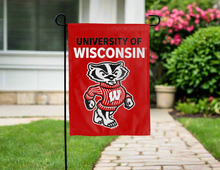Load image into Gallery viewer, university of wisconsin badgers garden flag hung outside for yard flag