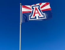 Load image into Gallery viewer, State of Arizona style University of arizona 3x5 flag with two metal grommets attached to flagpole waving in the wind for outdoor home decor