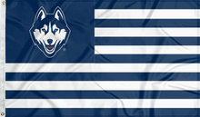 Load image into Gallery viewer, 3x5 foot wide University of Connecticut (UCONN) National Flag with seven navy stripes 6 white stripes and two metal grommets