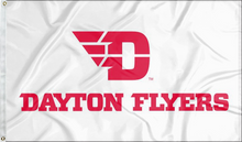 Load image into Gallery viewer, White 3x5 foot wide University of Dayton Flyers Flag with red D Dayton Flyers logo and two metal grommets
