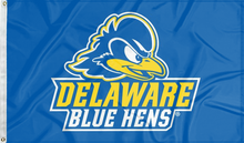 Load image into Gallery viewer, Blue 3x5 foot wide University of Delaware Flag with Blue Hens logo and two metal grommets
