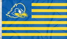 Load image into Gallery viewer, 3x5 foot wide University of Delaware Fightin' Blue Hens National Flag with seven blue stripes six gold stripes and two metal grommets