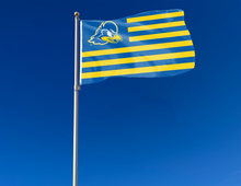 Load image into Gallery viewer, 3x5 foot wide University of Delaware Fightin' Blue Hens National Flag with seven blue stripes six gold stripes and two metal grommets attached to flagpole waving in the wind