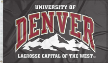 Load image into Gallery viewer, Black 3x5 foot wide University of Denver Flag with Lacrosse Capital of the West Logo and two metal grommets
