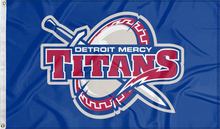 Load image into Gallery viewer, Blue 3x5 foot University of Detroit Mercy Flag with Titans sword and shield logos and two metal grommets