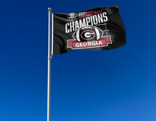 Load image into Gallery viewer, Black 3x5 foot wide University of Georgia SEC Football Championship 2024 Champions 3x5 Flag with Two Metal Grommets attached to flagpole waving in the wind