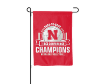 Load image into Gallery viewer, Red 13x18 inches long University of Nebraska Huskers BIG Ten Conference Volleyball 2024 Champions Garden Flag hanging on black garden flag stand