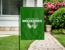Load image into Gallery viewer, green utah valley university garden flag hung outside for yard decor