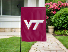 Load image into Gallery viewer, Virginia Tech University Garden Flag with VT logo outside for yard decor
