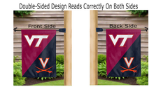 Load image into Gallery viewer, Virginia tech and university of Virginia house divided logos reading correctly on both sides of garden flag