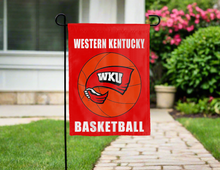 Load image into Gallery viewer, red WKU Basketball garden flag hung outside a driveway for yard decor