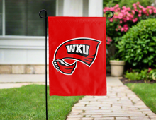 Load image into Gallery viewer, red WKU Double Sided Garden flag hung outside a driveway for yard decor
