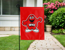 Load image into Gallery viewer, Red WKU Garden flag with mascot Big Red logo hung for yard decor