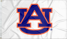 Load image into Gallery viewer, White 3x5 foot wide Auburn Flag with blue and orange AU Logo and Two Metal Grommets