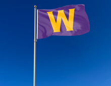 Load image into Gallery viewer, Williams College flag hung on a flag pole waving in the wind for tailgate decor