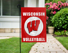Load image into Gallery viewer, Wisconsin volleyball garden flag hung outside for yard decor