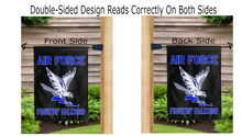Load image into Gallery viewer, air force fightin falcons logo reading correctly on both sides of black double sided garden flag