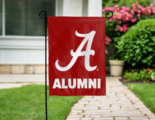 Load image into Gallery viewer, red double sided garden flag with Alabama Alumni logo for yard decor