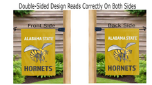 Load image into Gallery viewer, alabama state hornets logo logo reading correctly on both sides of gold double sided garden flag