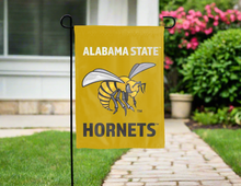 Load image into Gallery viewer, gold alabama state university garden flag hung outside for yard decor