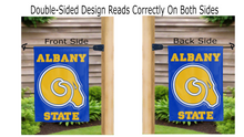 Load image into Gallery viewer, albany state university logo reading correctly on both sides of blue double sided garden flag