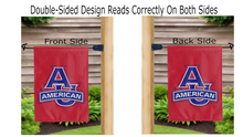 Load image into Gallery viewer, american university logo reading correctly on both sides of red double sided garden flag