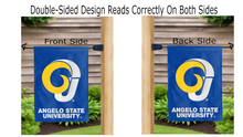 Load image into Gallery viewer, angelo state university logo reading correctly on both sides of blue double sided garden flag