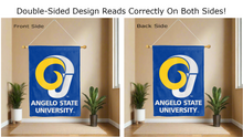 Load image into Gallery viewer, angelo state university logo reading correctly on both sides of blue double sided house flag