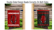 Load image into Gallery viewer, arkansas razorbacks logo reading correctly on both sides of red and black garden flag